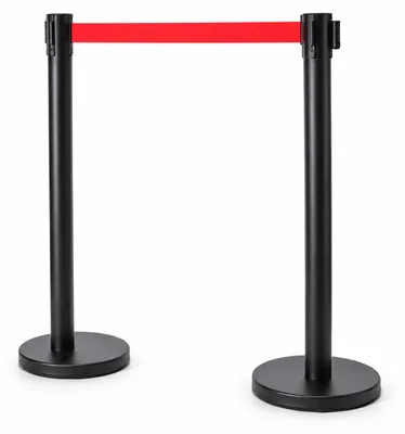 Productafbeelding van Relaxdays Personenleidingssysteem, set van 2, afzetpalen, 3 meter trekkoord, afmetingen (h x d): 90x31 cm, roestvrij staal, zwart-rood, AI-gegenereerde afbeelding