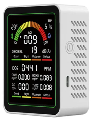 Obrázok produktu pre Inteligentný monitor kvality vzduchu, multifunkčný detektor CO2 s meračom hluku, detekcia kvality vzduchu v reálnom čase, indikácia indexu kvality vzduchu, detekcia HCHO, TVOC, teploty a vlhkosti, LCD displej