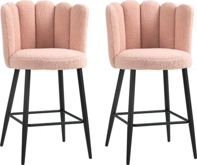 Image de HOMCOM Lot de 2 tabourets de bar en tissu effet laine bouclée, assise 65 cm, chaises de bar avec dossier et repose-pieds, pieds en acier, chaises hautes cuisine, salle à manger, comptoir, rose