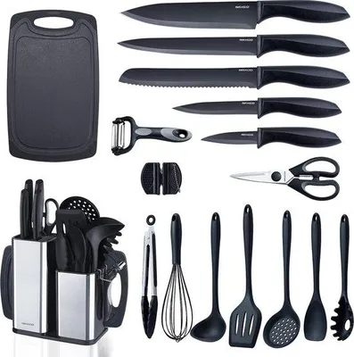 Produktbild von Unyqoos® 18‑teiliges Küchenmesserset mit Messerblock – 5 rostfreie Messer, 7‑teiliges Silikon‑Kochbesteck, Schneidebrett & Zubehör