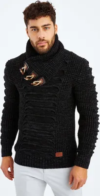 Produktbild von Leif Nelson Schalkragen Herren Strickpullover Grobstrick Schalkragen LN-5575, Schwarz Anthrazit / L