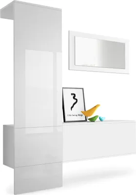 Produktbild von Vladon Garderobe Carlton Set 4,  Germany, Garderobenset bestehend aus 1 Garderobenpaneel, 1 Schrankmodul und 1 Wandspiegel, Weiß matt/Weiß Hochglanz (156 x 193 x 35 cm)