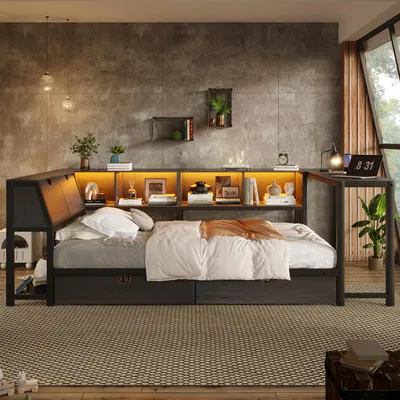 Produktbild von Flieks Tagesbett 90x200cm mit 2 Schubladen, Jugendbett Metallbett mit Schreibtisch und Led, Kinderbett Einzelbett mit Stauraum-Kopfteil, Schwarz