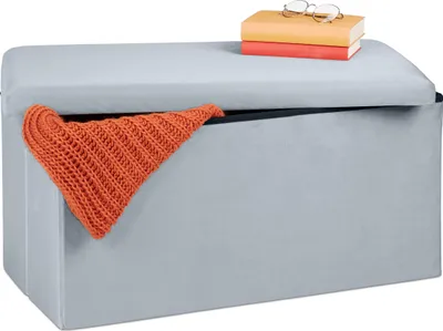 Produktbild von Relaxdays Sitzbank mit Stauraum, Samt, 80 L, Flur, Wohnzimmer, gepolstert, faltbar, Truhenbank, 38x77x39 cm, hellgrau