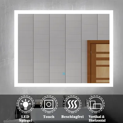 A modern LED bathroom mirror with integrated lighting, shown in a bathroom setting with tiled walls and a wooden door in the background. Below the mirror are icons representing features like LED lighting, touch control, anti-fog, and vertical/horizontal mo