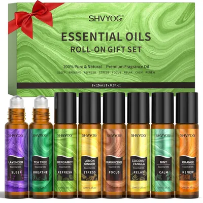 Immagine prodotto di Set di roller per oli essenziali, 8 flaconi da 10 ml, aromaterapia naturale, con oli essenziali di lavanda, tea tree, bergamotto e incenso