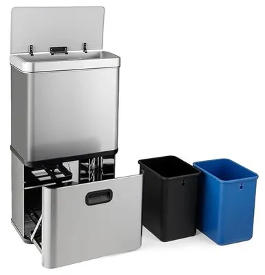 Imagen del producto de Contenedor de basura con sensor, 56 litros, sistema de separación de residuos que incluye 2 cubetas extraíbles, de 10 litros cada una y una de 36 litros, fabricado en acero inoxidable, con sensor y tapa con cierre suave, ideal para cocina u oficina (color plateado)