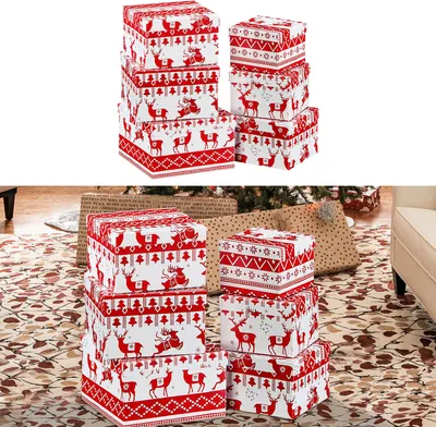 Produktbild von Boxenset 6tlg "Reindeer" weiß/rot Weihnachtsgeschenke Geschenkboxen Tannenbaum Rentier Schachteln Boxen Verpackung