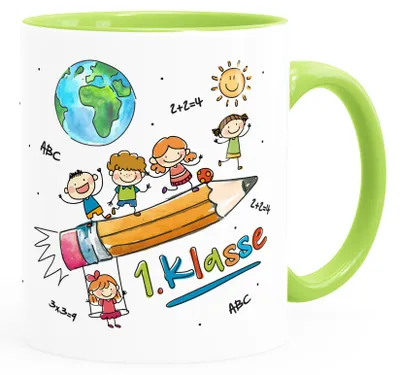 Produktbild von Tasse Schulkind Geschenk Einschulung 1. Klasse Strichmännchen lustig Kindertasse aus Keramik für Jungen Mädchen SpecialMe® weiss-innen-hellgruen standard