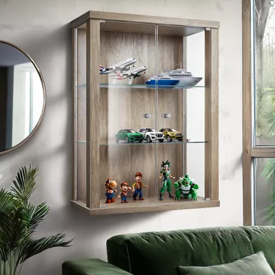 Produktbild von K-Möbel Hängevitrine Glas in Sonoma Eiche (80x60x25 cm) mit 2 höhenverstellbaren Glasböden - Glasvitrine hängend - Wandvitrine - Vitrinenschrank