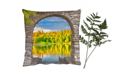 Produktbild von MuchoWow® Zierkissen Sofakissen Wohnzimmer Dekokissen 45x45 cm Bäume - Wald - Wasser - Aussicht - Schlafpolster - Polster für das Sofa