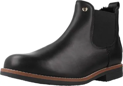 A black leather Chelsea boot is shown against a white background.