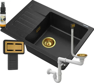 Obrázek produktu pro Granitan | Žulový dřez – tmavě šedý – 62 x 44 x 17,5 cm – ARGOS + zlatý sifon + impregnační prostředek