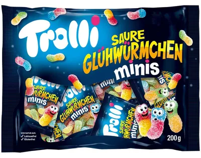 Produktbild von Trolli Sour Glowworms Minis, Weiche Süßigkeiten, 200 g, Kirsche (Frucht), Fruits, Traube, Zitrone, Limette, Orange, Erdbeere, Mehrfarbig, 1417 kJ, 333 kcal