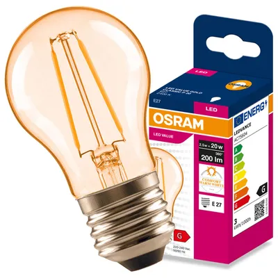 Obrázok produktu pre LED žiarovka E27, tvar gule (P45), 2,5 W = 20 W, 200 lm, 2400 K (teplá biela), 300° uhol vyžarovania, filament, značka Osram, Obrázok generovaný UI
