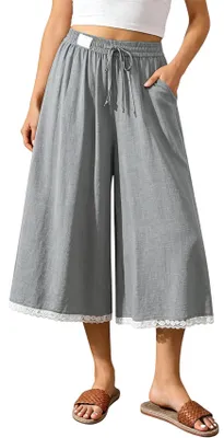 Produktbild von ASKSA Damen Caprihose Leinen Weites Bein 3/4 Hose Sommer Elegant Casual Leicht Freizeithose mit Taschen (Hellgrau,L)