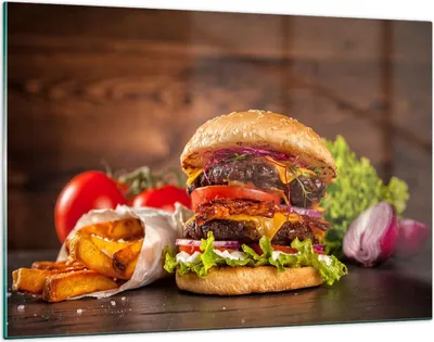 Produktbild von Bilder auf glas - Hamburger Sandwich - 120x80cm - Glasbilder - Wandbilder - Kunstdruck - zum Aufhängen bereit - Wanddekoration aus Glas - Glas Bilder - Wandbild auf Glas - Einteilig - GAA120x80-3795
