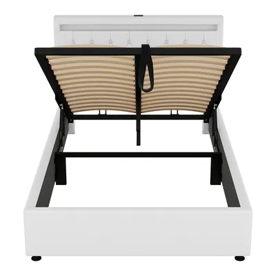 Produktbild von Abrihome Jugendbett 140x200cm mit USB, Polsterbett mit Lattenrost und Stauraum, Hydraulisches Stauraumbett mit LED, Leinen, Weiß