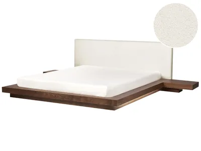 Produktbild von BELIANI LED-Bett Braune Esche Bouclé u. MDF-Platte Holzfurnier Lattenrost 180x200 cm Nachttische Hohes Kopfteil Japanischer Stil Plattform Futonbett