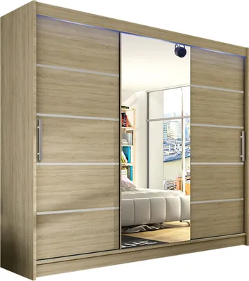 Produktbild von MIRJAN24 Großer Schwebetürenschrank Aston VI mit drei Türen, Kleiderschrank mit Kleiderstange, Frontspiegel (Farbe: Sonoma Eiche / Spiegel, mit RGB LED Beleuchtung)