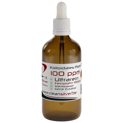 Produktbild von CleanSilver - Kolloidales Platin 100ppm 100ml mit Pipette - Ultrarein: Sterilwasser und Feinplatin 99,99% - stets frisch, keine Lagerware!