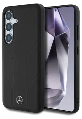 A black phone case with a Mercedes logo is shown next to a smartphone.