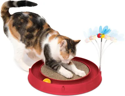 Image de Jouet pour chats Catit 3en1 avec griffoir et jouet rouge, env. 38 x 35 x 45 cm