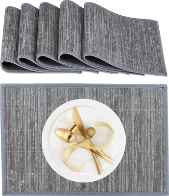 Immagine prodotto di Set di 6 tovagliette Relaxdays, in bambù con bordo in tessuto, antiscivolo, 45 x 30 cm, per piatti e tavolo da pranzo, tovagliette quadrate, grigio