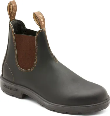 A single brown leather boot is shown against a white background.