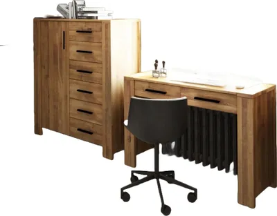 Produktbild von Kommode Lubic aus Wildeiche massiv 111x45x128 mit 1 Tür 6 Schubladen Holzbeinen