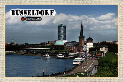Produktbild von vianmo Holzschild 20x30 cm Düsseldorf Rheinuferpromenade Bildmotiv Reisemotiv Abenteuer Reisen