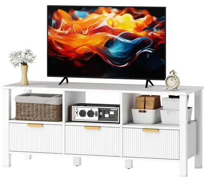 Produktbild von Moderner TV-St?nder mit 3 Schubladen und 3 offenen F?chern fš¹r Fernseher von 43 bis 55 Zoll, 120 x 39,5 x 50 cm, Wei?