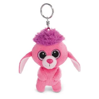 A pink poodle plush toy keychain with glittery eyes and a purple tuft of fur on its head, shown against a white background.