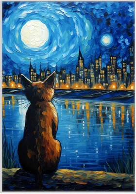 Produktbild von Wallario Wandbild Katze im Mondschein, Größe: 70,30 x 100,30 cm, Poster mit weißem Kunststoffrahmen