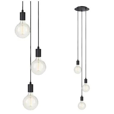 Two pendant light fixtures with exposed bulbs against a white background.