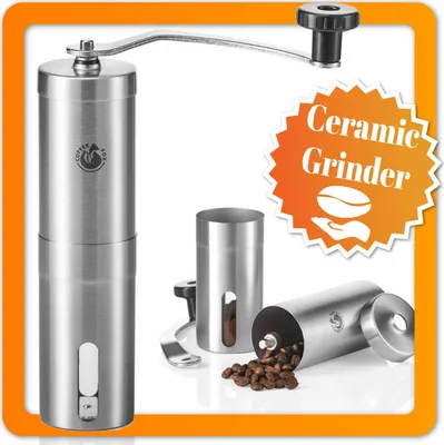 Collage of a manual coffee grinder and coffee beans, with promotional text overlay.