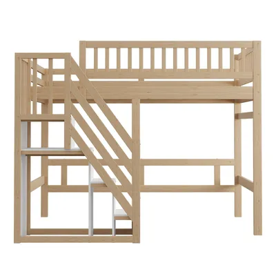 Produktbild von okwish Hochbett 140x200cm mit Rausfallschutz, Etagenbett Stockbett mit Aufbewahrungsschrank, Massivholzbett Kinderbett Bettgestell mit Lattenrost, Naturbelassen