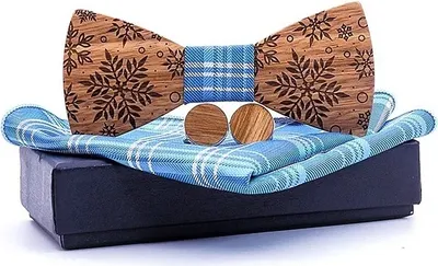 Obrázok produktu pre Drevený motýlik s vreckovkou a manžetovými gombíkmi - Elegantný set v Hnedej a Slabo Modrej KP30458