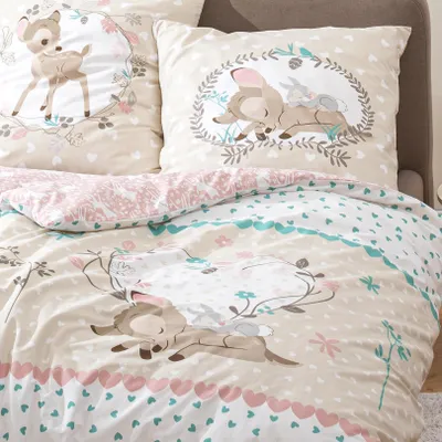 Produktbild von Bambi Bettwäsche 135x200 + 80x80 cm 2 tlg., 100 % Baumwolle in Renforcé, Disney's Bambi Reh & Klopfer Hase Kinderbettwäsche