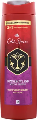 A red bottle of Old Spice 3-in-1 body, hair, and face wash with a Tomorrowland Special Edition label.