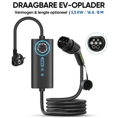 Productafbeelding van Hexinex Type 2 EV Mobiele thuislader elektrische auto 3,5kW 1 fase (6-16A)  6A/8A/10A/13A/16A instelbare stroom 8M Laadkabel 230V IP67