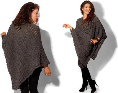 Produktbild von Damen Poncho Strick Umhang Grob Gr. S/M/L; Grafit