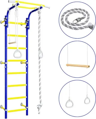 A children's indoor climbing frame with various accessories.