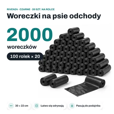 Zdjęcie produktu dla RIVEN24 Woreczki na psie odchody czarne, 2000 szt. (100 rolek × 20), 30 × 22 cm, do podajnika