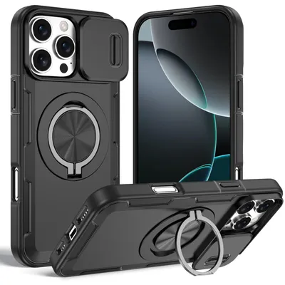 Produktbild von Magnetische Hülle für iPhone 16 Pro, Militär Stoßfest Handyhülle mit Kameraschutz und Ringhalter Ständer Schwarz