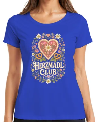 Productafbeelding van Herzmadl Club Edelweiss Brezel Herz Lederhose Dirndl Dames T-shirt, Blauw, 3XL