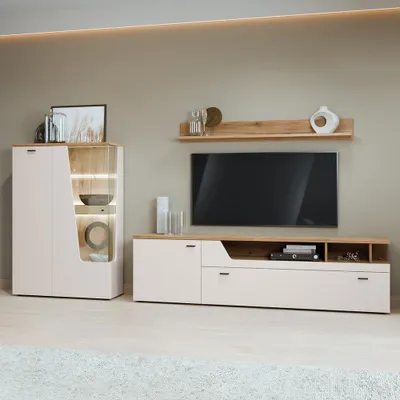 Produktbild von Wohnwand in Kaschmir & Eiche mit Highboard, Wandboard & Lowboard, 3-teilig - CARMONA-129
