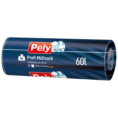 Zdjęcie produktu dla Worek na śmieci Pely Profi neutralny dla klimatu, odporny na rozdarcia 60 litrów 15 sztuk