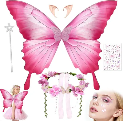 Imagen del producto de Traje de hada con alas de mariposa, orejas de elfo, tocado y varita, talla única, para niños y mujeres