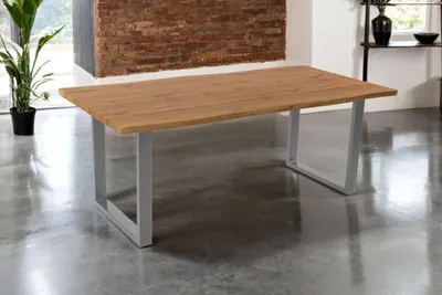 Produktbild von Esstisch Josy | 200 x 100 cm | Holz Wildeiche-Optik | U-Gestell Metall Silber | 40 mm Tischplatte mit Baumkante | Tisch für Esszimmer & Küche